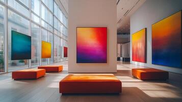 A large room with colorful paintings on the walls photo