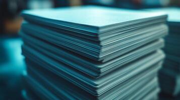 Stack of paper with blue background photo
