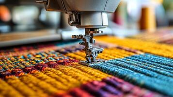 A close up of a sewing machine on a colorful rug photo