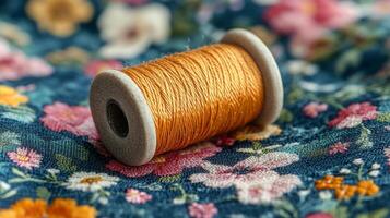 A spool of thread on a floral fabric photo