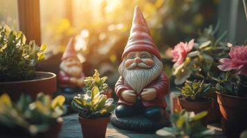 A garden gnome is sitting in a pot with flowers photo