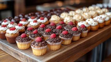 A wooden tray with many cupcakes on it photo
