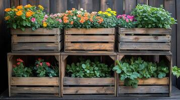 Four wooden crates with flowers in them photo