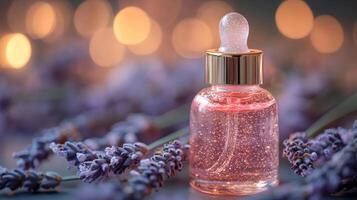 Lavender essential oil bottle surrounded by dried flowers on a soft bokeh background photo