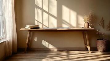 A desk with books and a vase on it photo