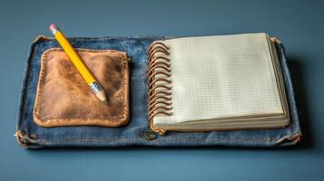 A notebook, pencil and pen on a denim case photo