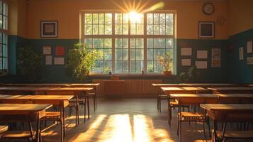 A classroom with desks and chairs photo