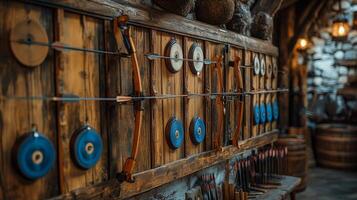 A wooden wall with arrows and arrows on it photo
