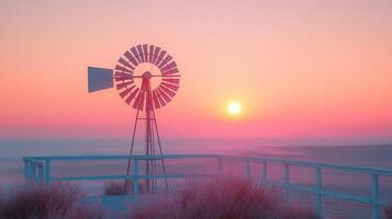A windmill and a pink sunset on a beach photo