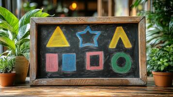 A chalkboard with shapes and colors on it photo