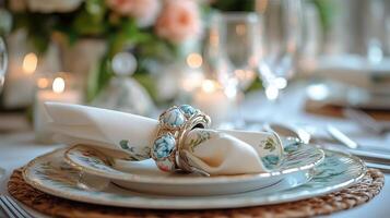Elegant Easter table setting with pastel decorations and floral arrangements for festive dining photo