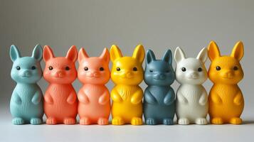 A row of colorful plastic rabbits in a row photo