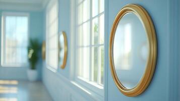 Three round mirrors on a wall in a room photo