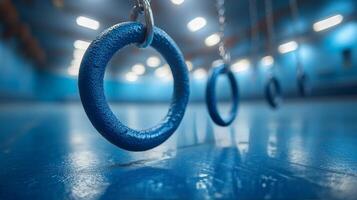 Blue rings hanging from a rope in a gym photo