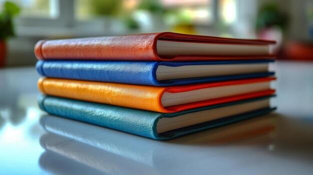Stack of books on a table photo