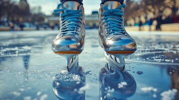 A person wearing ice skates on a frozen surface photo
