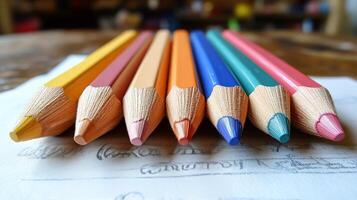 Five colored pencils on top of a piece of paper photo