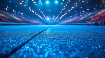 An empty stage with lights and a blue floor photo