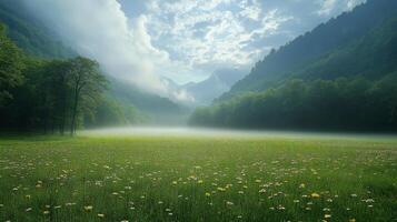 A field of grass and flowers in front of a mountain photo
