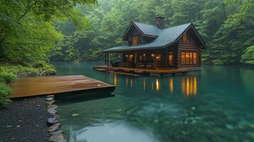A small wooden house on a dock in the middle of a lake photo