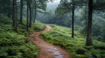 A path in the forest with trees and green grass photo