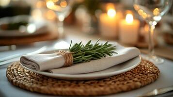 A place setting with a rosemary sprig on a plate photo