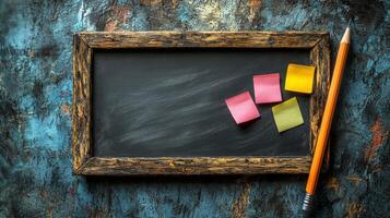 Blackboard with sticky notes and pencil on wooden background stock photo