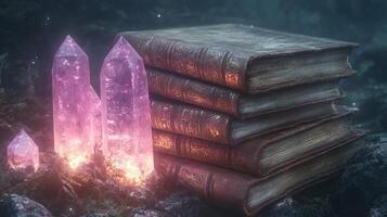 A stack of books with crystals sitting on top of them photo