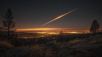 A meteor streaks across the sky over a city photo