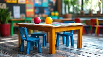 A table and chairs with colorful toys on it photo