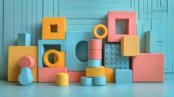 Colorful toy blocks on a blue background photo
