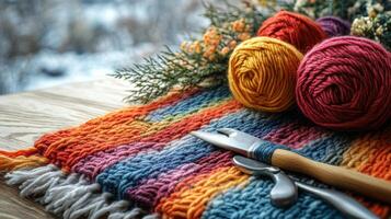 Colorful yarn and knitting needles on a table photo