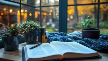 A book and a pen on a window sill photo