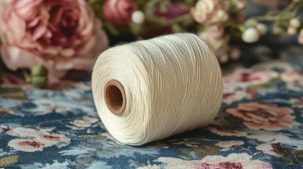 A spool of white thread on a floral background photo