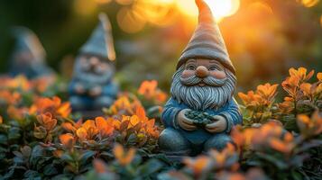 A gnome statue is sitting in the grass with the sun setting behind it photo