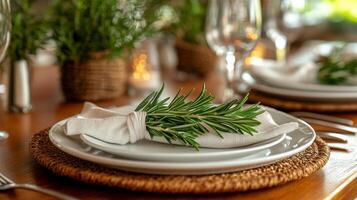 A table setting with a rosemary sprig photo