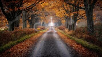 A road lined with trees and leaves in the fall photo