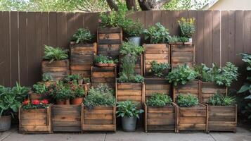 A stack of wooden crates with plants in them photo
