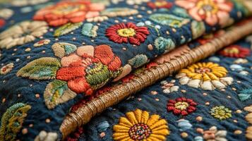 A close up of a quilt with colorful flowers photo