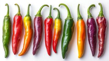 A group of colorful peppers on a white surface photo