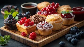 A wooden tray with various types of cupcakes photo