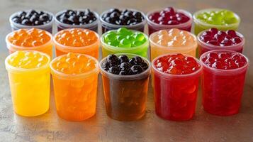A group of colorful jellies in plastic cups photo