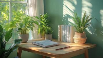 A desk with a book, a plant and a window photo