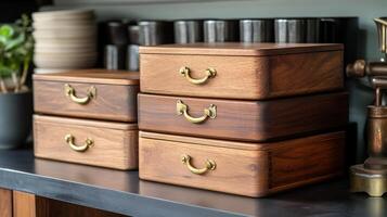 Three wooden boxes with brass handles sitting on a counter photo