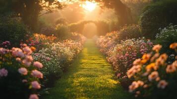 A beautiful garden with flowers and trees at sunset photo