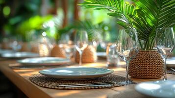 A table with a lot of plates and glasses photo