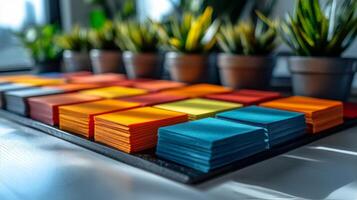 A tray of colorful post it notes on a table photo