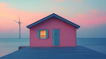 A pink house sits on a dock with wind turbines in the background photo