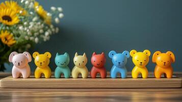 A group of colorful wooden toys on a wooden board photo