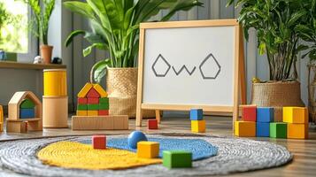 A wooden toy set on a table with a whiteboard photo